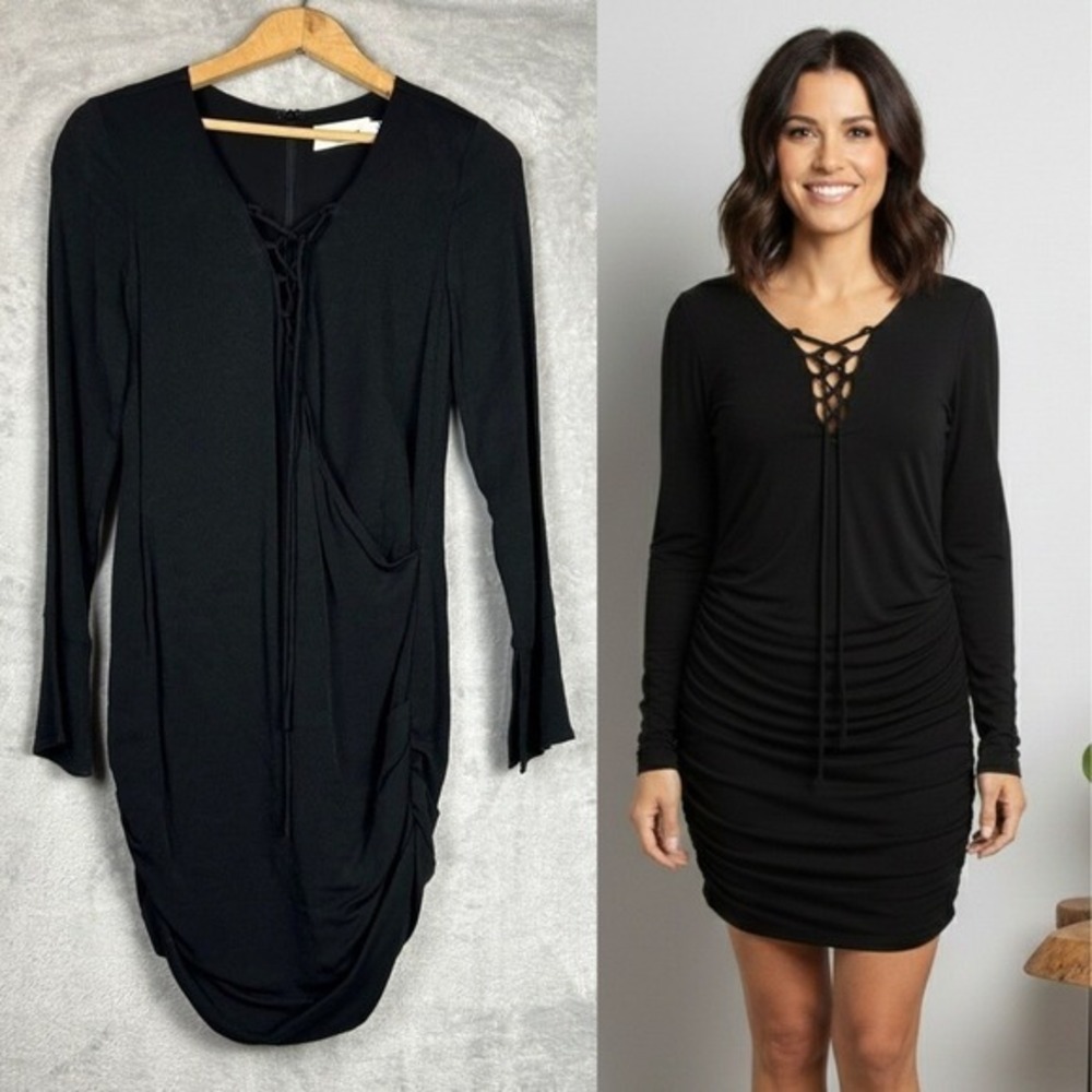 Line and Dot Bodycon Dress Long Sleeve Lace-Up Detail XS Black Festival Party